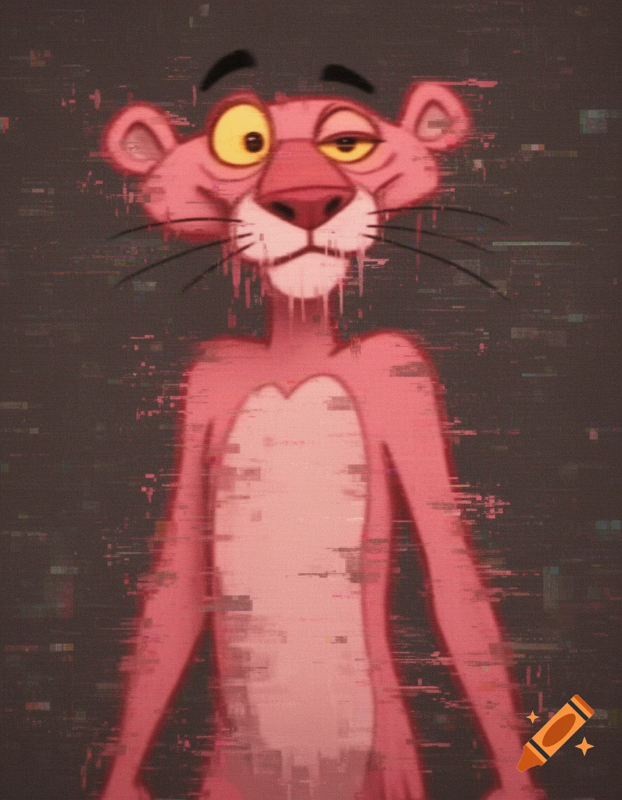 Distorted Pink Panther with melted facial features, asymmetrical eyes, and glitch artifacts on a dark background.