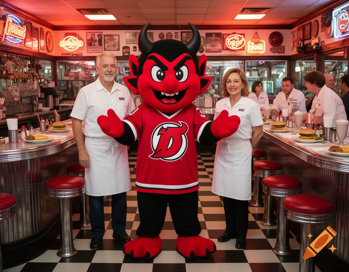 A red devil mascot, a man, and a woman in aprons pose inside a retro diner with burgers and milkshakes on the counter in a photorealistic style.