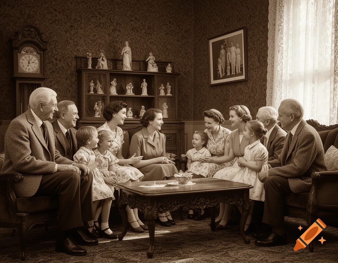 A sepia-toned photograph of a multi-generational family, including grandparents, parents, and young children, gathered in a vintage-style living room.
