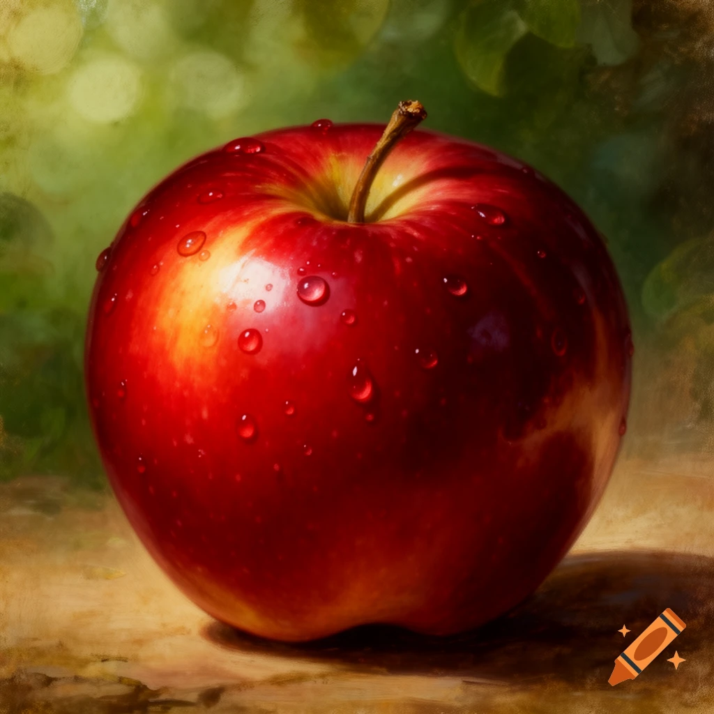 A vibrant red apple covered in water droplets, depicted in a realistic drawing style with a blurred green background.