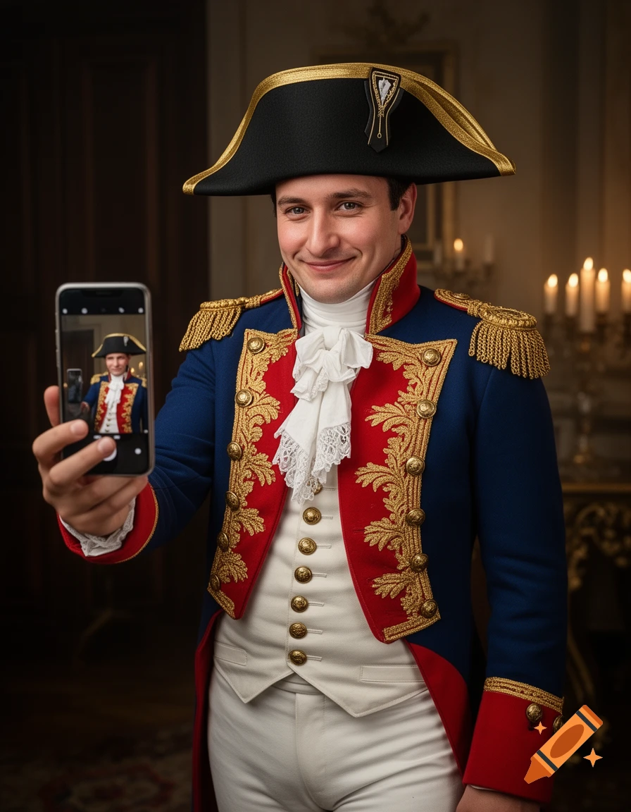A man in a Napoleonic military uniform smiles while holding up a smartphone to take a selfie.