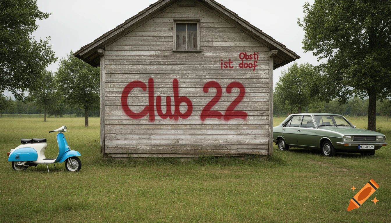 A photorealistic image of an old wooden shed with red graffiti 'Club 22' and 'Obsti ist doof' in a grassy field, next to a blue and white scooter and a green car.