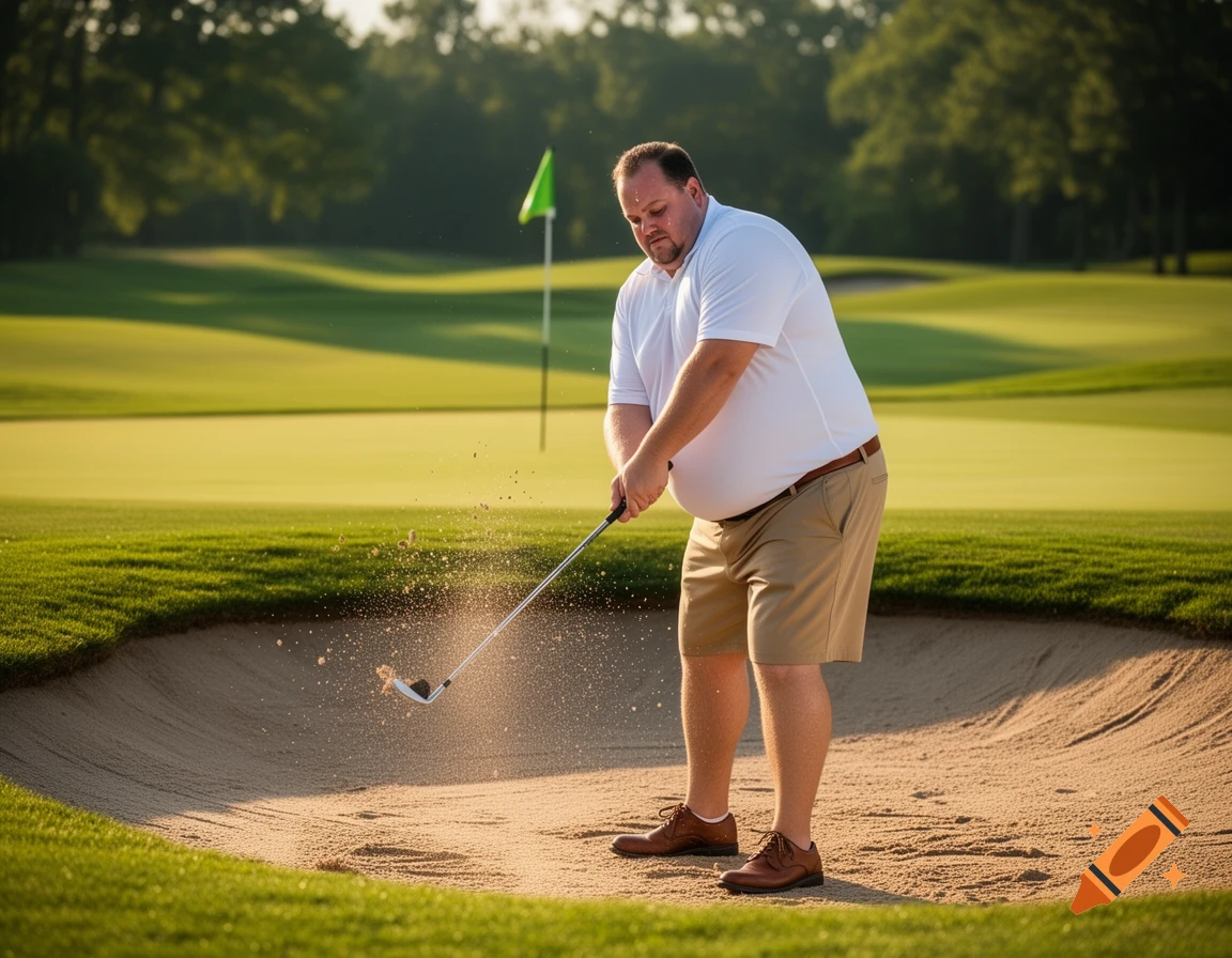 A heavy-set man in a white polo and khaki shorts swings a golf club in a sand bunker, scattering sand. A green flag is in the background.