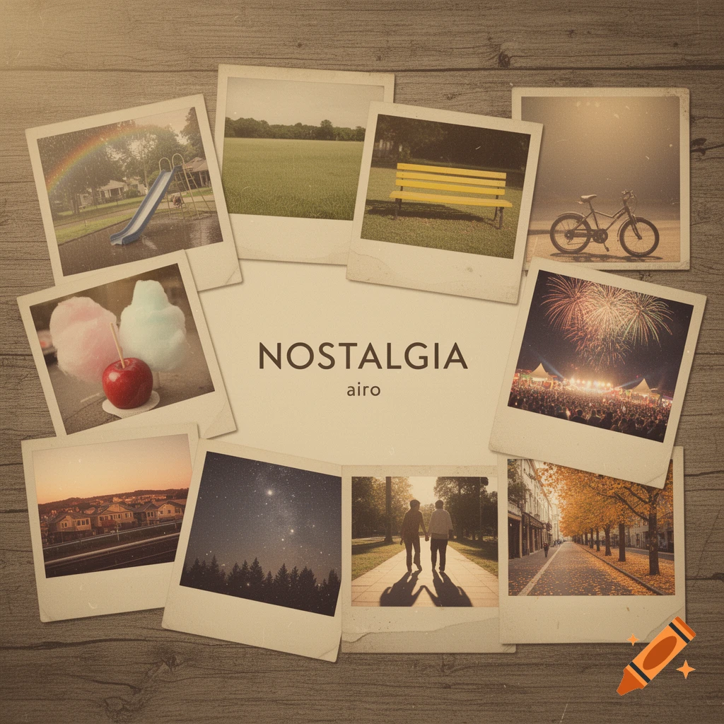 A nostalgic collage of vintage instant photos featuring scenes of parks, a bicycle, fireworks, candy, a starry night, and people walking, on a wooden background with 'NOSTALGIA airo' text.
