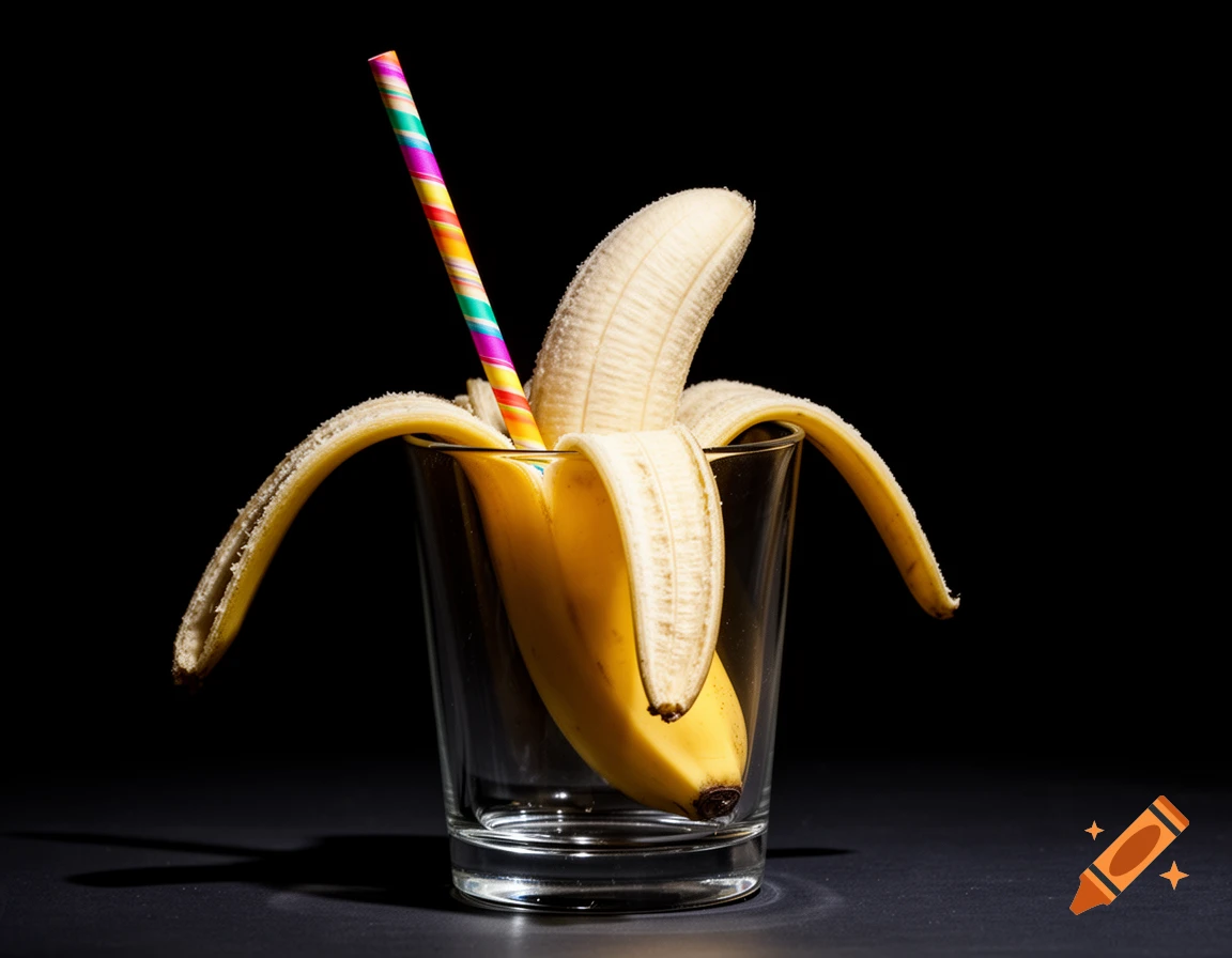 A partially peeled banana with a colorful striped straw inserted into it, standing upright in a clear glass against a dark background.