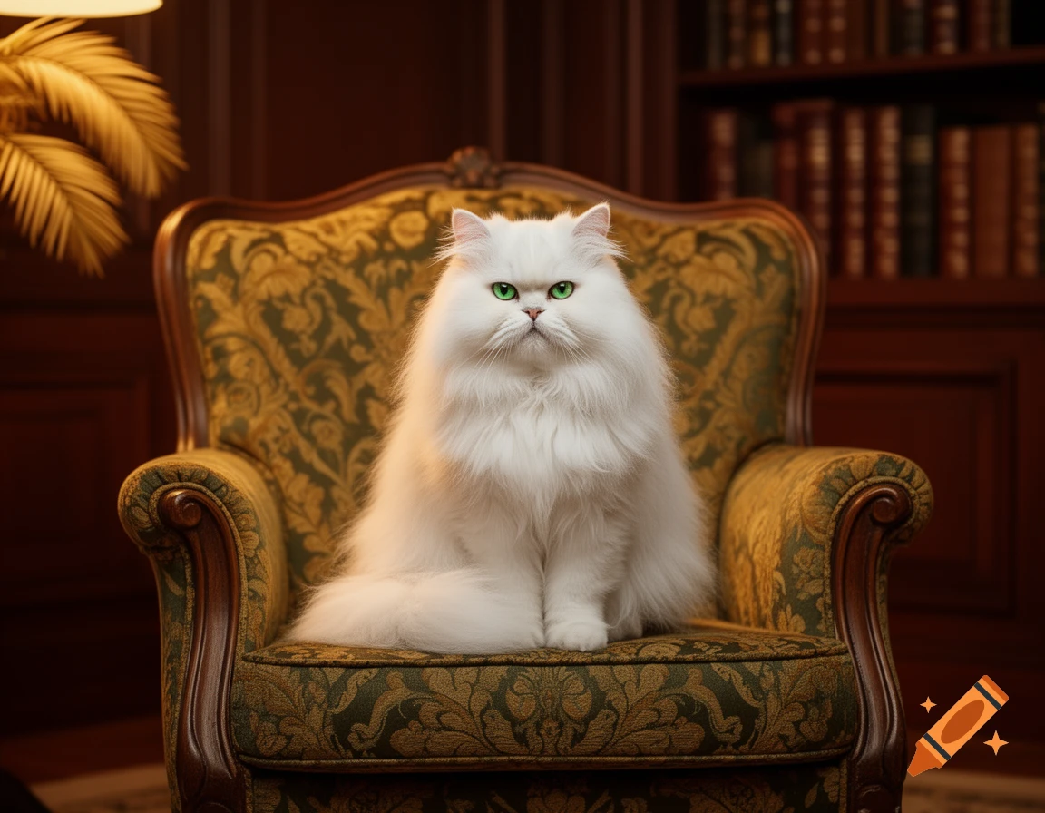 A majestic fluffy white cat with green eyes sits on an ornate gold and green armchair in a dimly lit study.