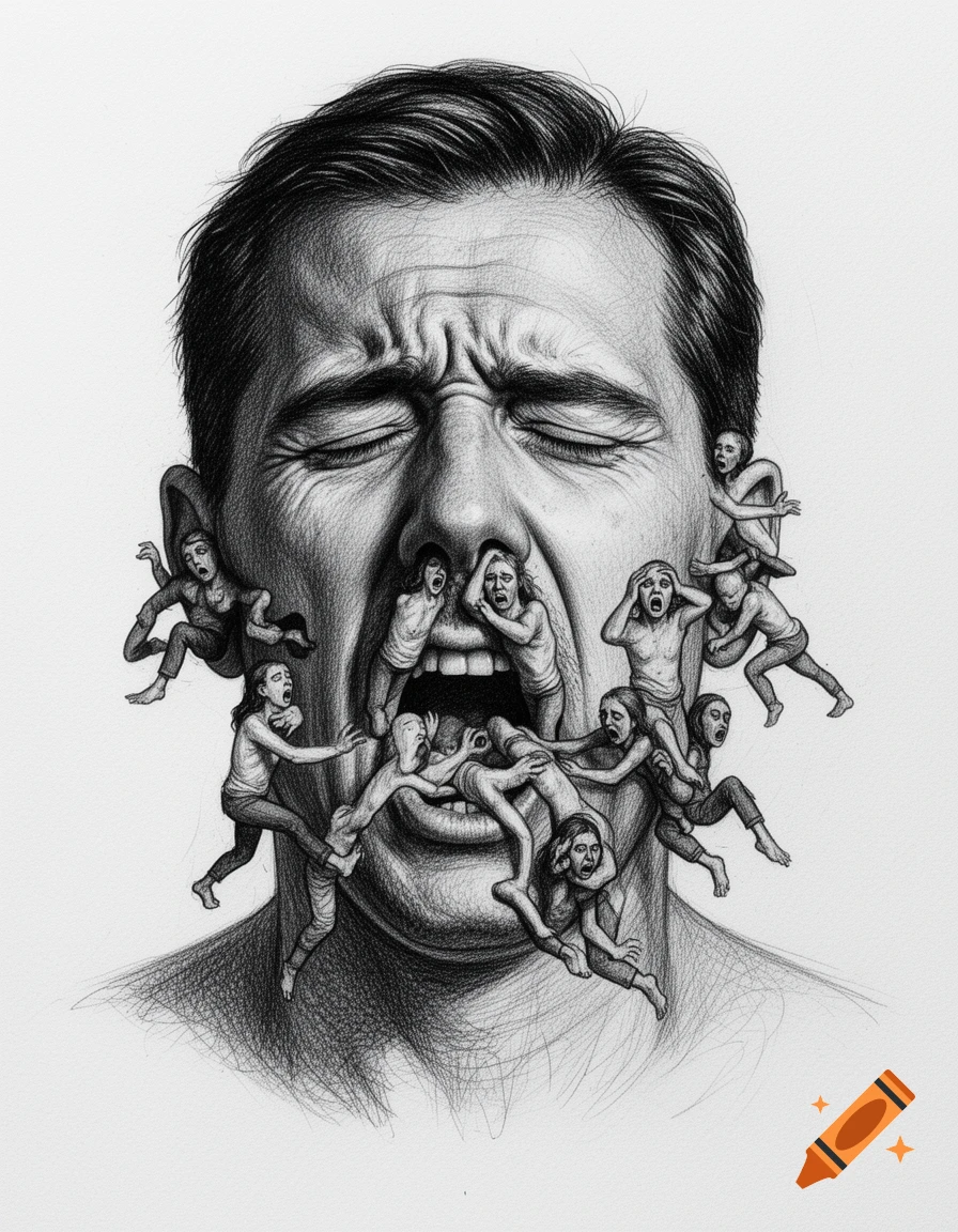 Pencil sketch of a man with his eyes closed, grimacing, as numerous tiny humans climb out of his mouth, nose, and ears.