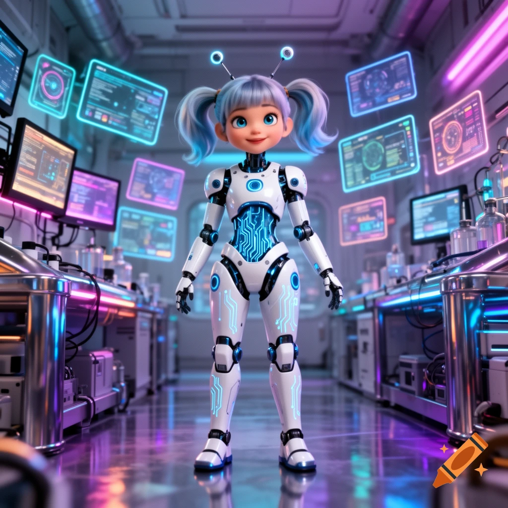 A cartoon robot girl with blue pigtails stands in a neon-lit sci-fi lab with multiple glowing screens.