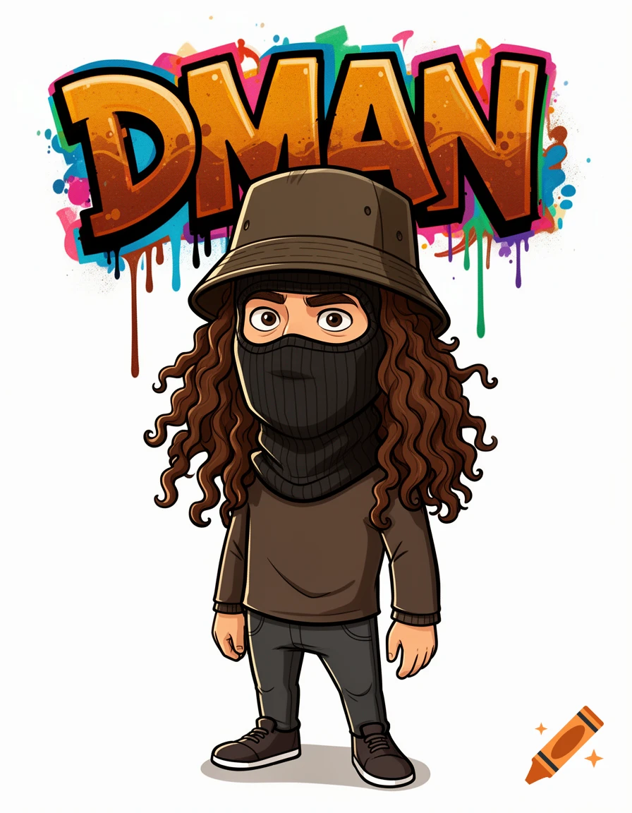 2D cartoon of a masked man with curly hair, bucket hat, and balaclava, with a graffiti-style 'DMAN' logo above.