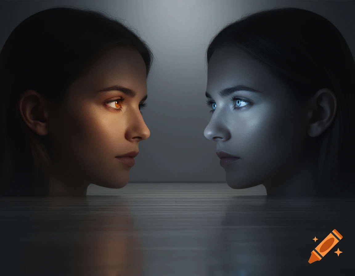 Two women's faces, one warm-toned with amber eyes, one cool-toned with blue eyes, reflected, in a dark, cinematic portrait.