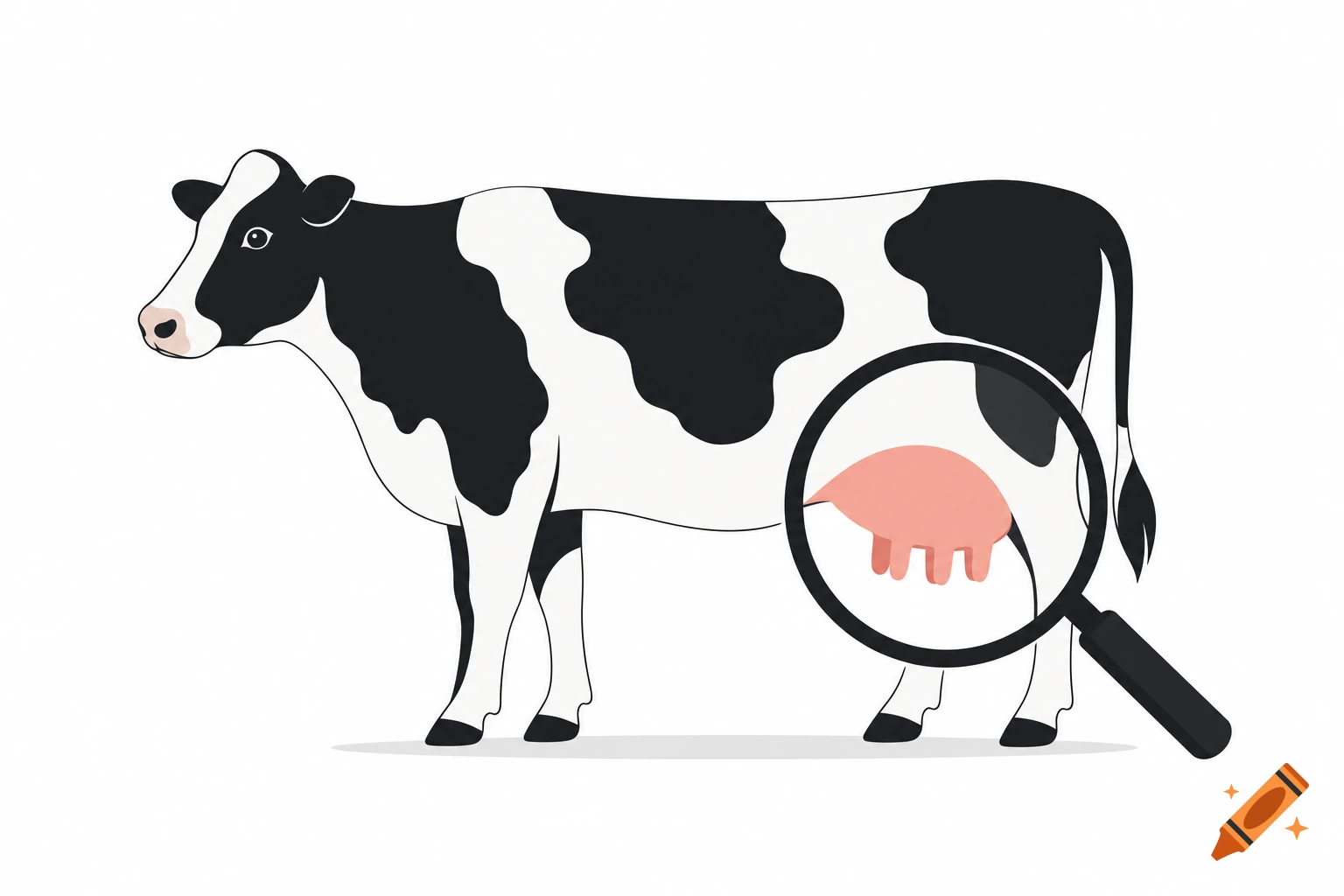 Minimalist illustration of a black and white cow in profile, its udder highlighted by a magnifying glass.