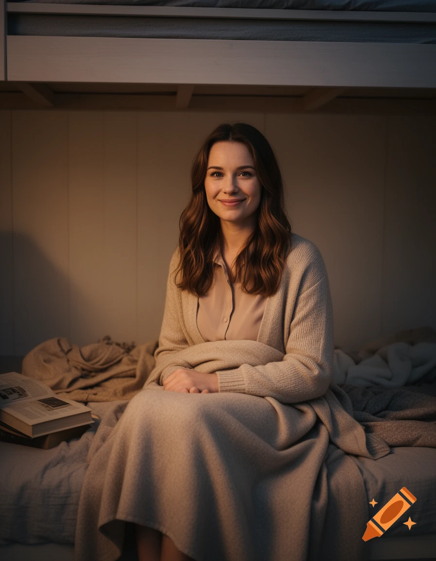 A young woman with long brown hair, wearing a cardigan and blanket, smiles gently while sitting on a bed in a softly lit, cozy room with a book nearby.