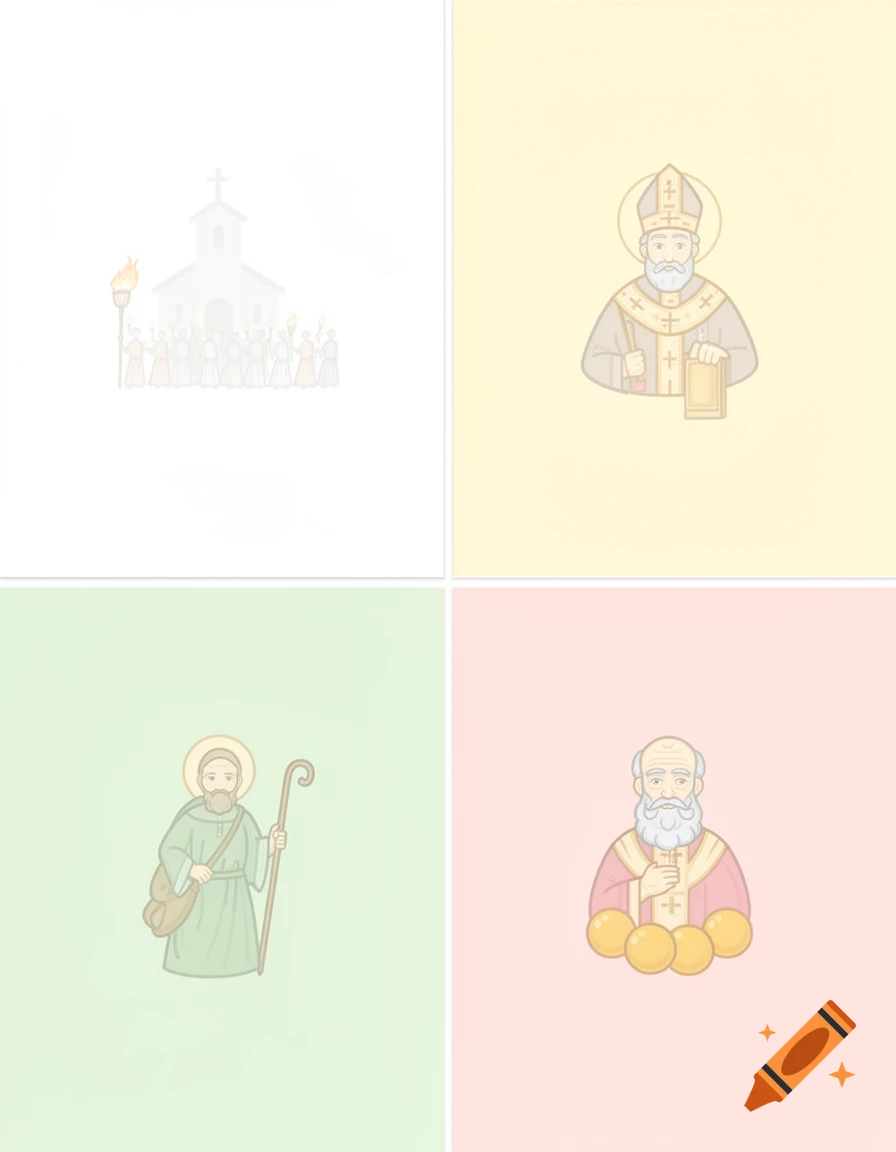 Four-quadrant image with faint, minimalist vector icons: a church procession, a bishop, a pilgrim with a staff, and Saint Nicholas with golden spheres, on pastel backgrounds.