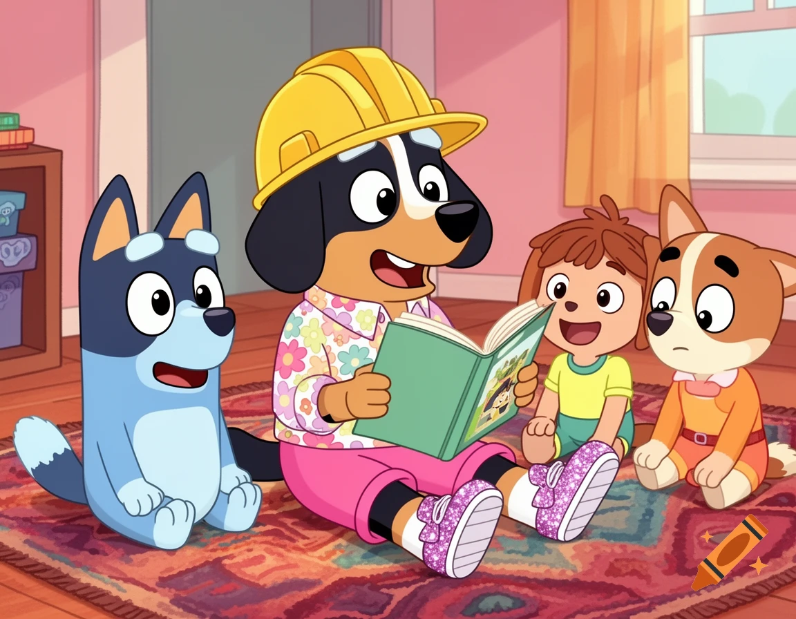 A cartoon dog wearing a yellow construction helmet reads a book to a blue dog and two children on a colorful rug.