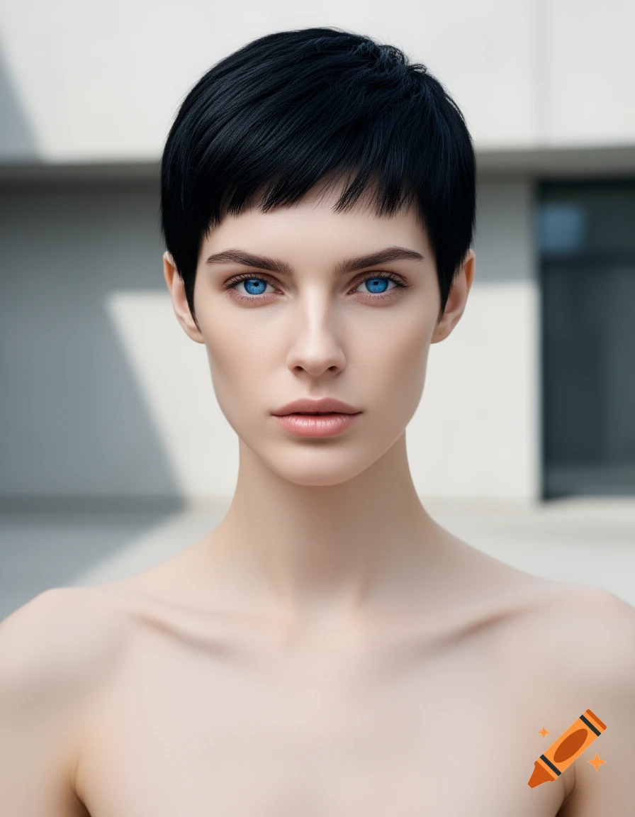 A striking portrait of a woman with short black hair, bright blue eyes, and a neutral expression, against a soft, light background.