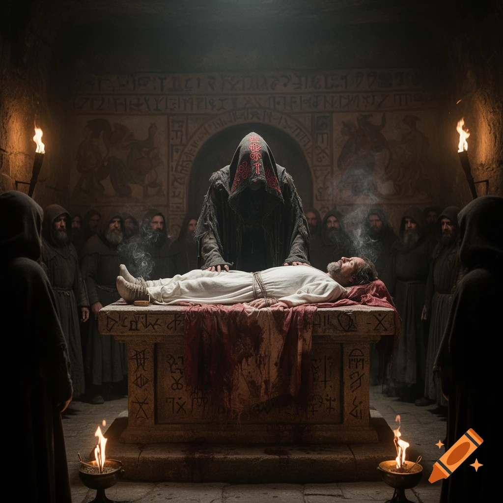 A hooded cult leader stands over a bound person on a bloody altar, surrounded by robed figures in a candlelit chamber with ancient carvings. Photorealistic style.