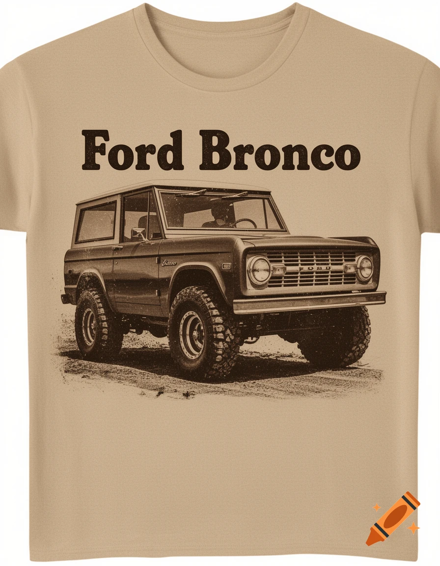 A beige t-shirt with a vintage-style brown illustration of a Ford Bronco truck and 'Ford Bronco' text above it.