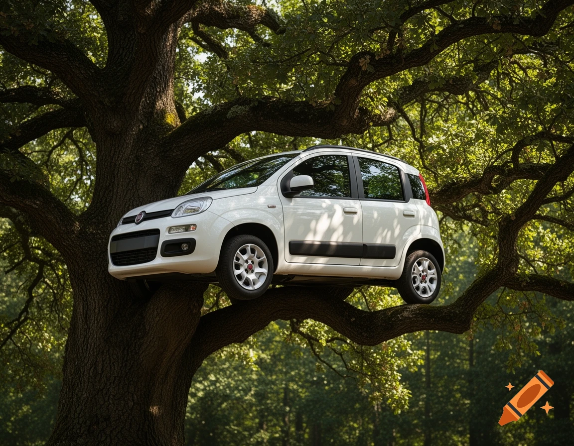 A white Fiat Panda car is perched improbably high on the sturdy branches of a large, mature tree with lush green foliage.