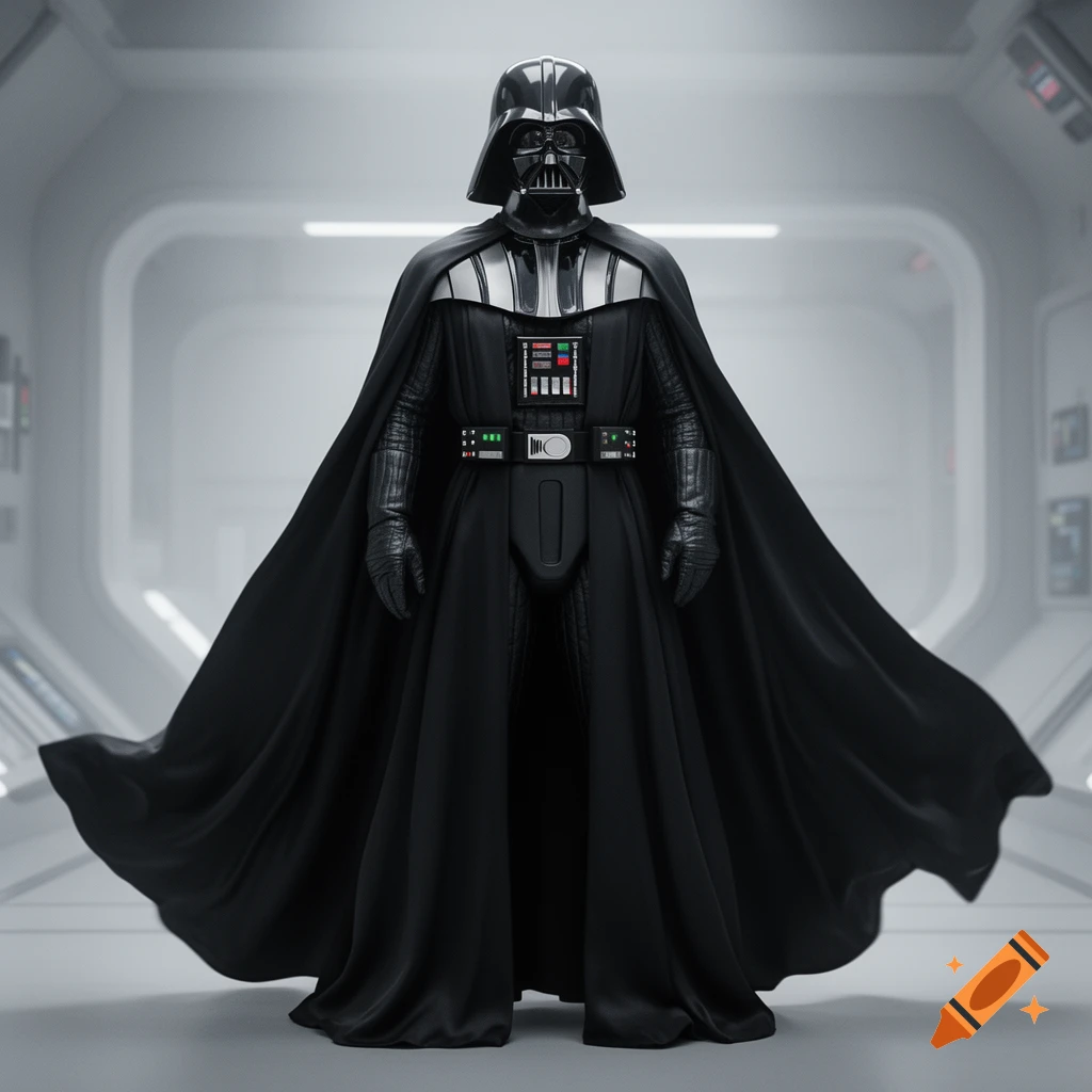 Darth Vader stands in a bright, sterile sci-fi corridor, wearing his iconic black suit and flowing cape.