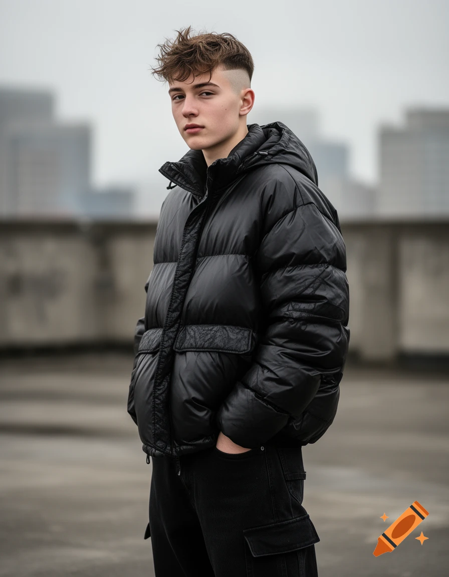 A young man with messy brown hair and a taper fade stands outdoors, wearing a black puffer jacket and baggy jeans, hands in pockets.