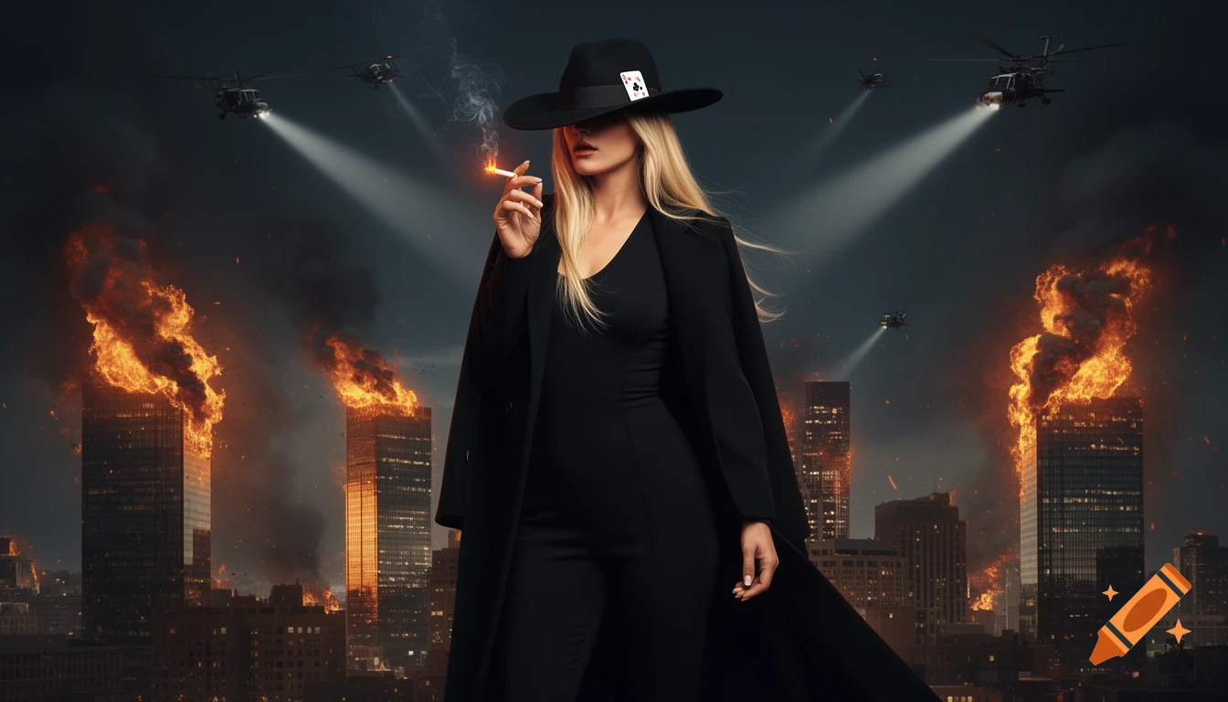 A woman in a black coat and fedora, a Queen of Clubs card in her hat, smoking a cigarette in a burning city with helicopters flying overhead.
