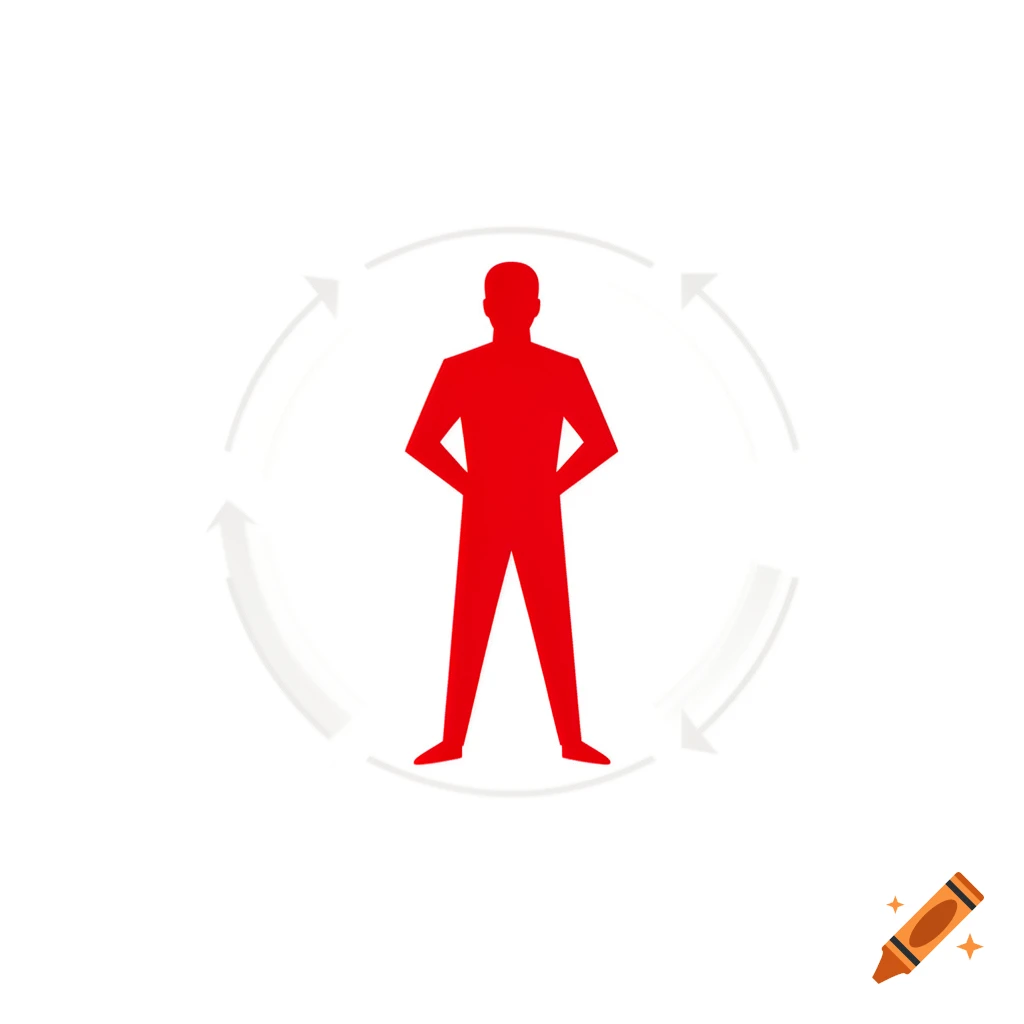 Red silhouette of a person standing within a circular grey arrow motif on a white background.