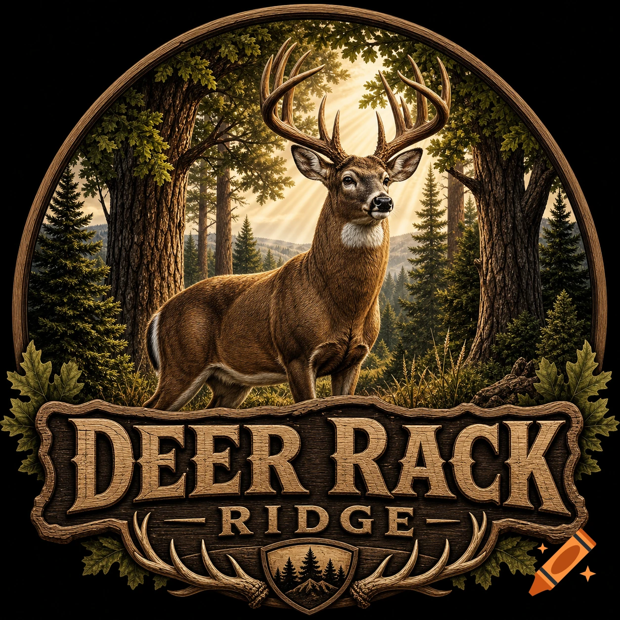 A majestic whitetail deer stands in a sunlit forest, framed by an oval wooden border, above a wooden logo sign reading 'DEER RACK RIDGE'.