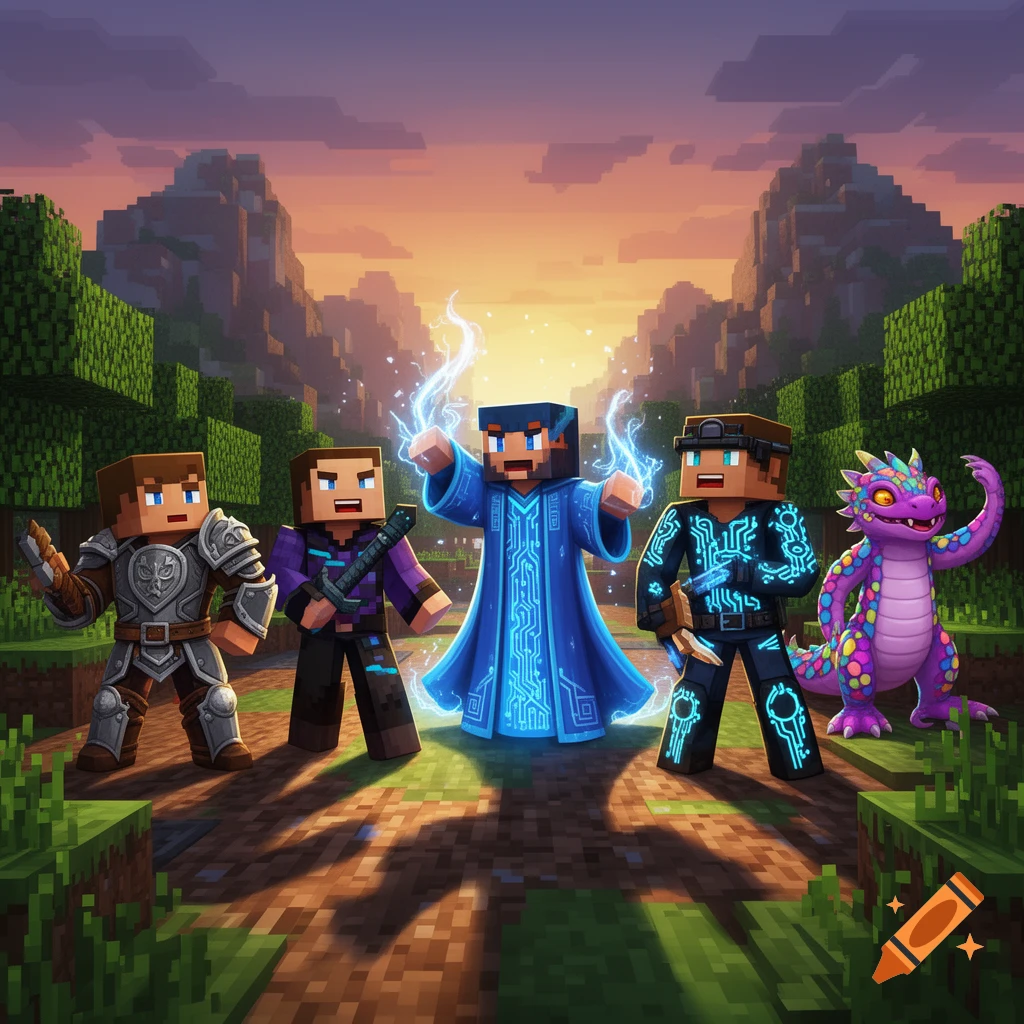 Four Minecraft-style adventurers and a colorful dragon stand in a blocky forest at sunset, one character glowing with magic.