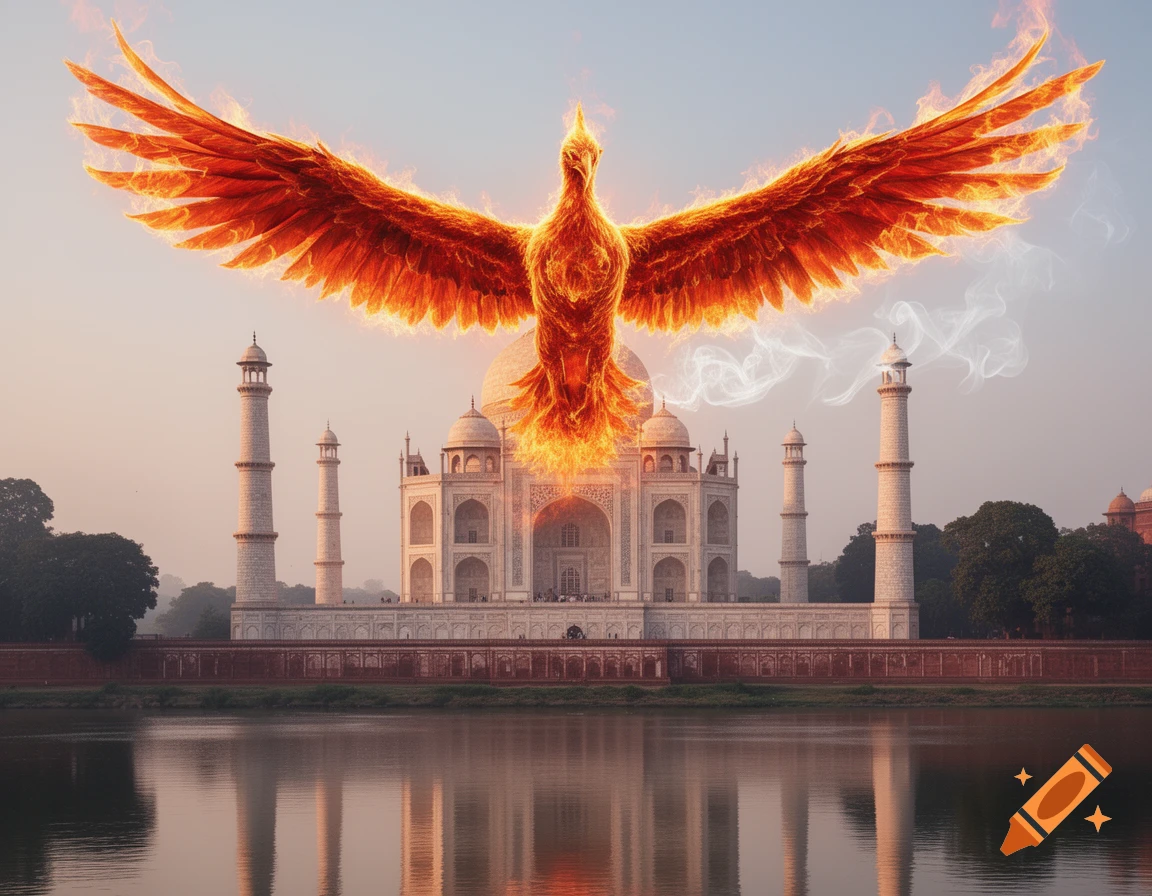 A fiery orange and red phoenix with outstretched wings soars above the white marble Taj Mahal, reflected in the water below.