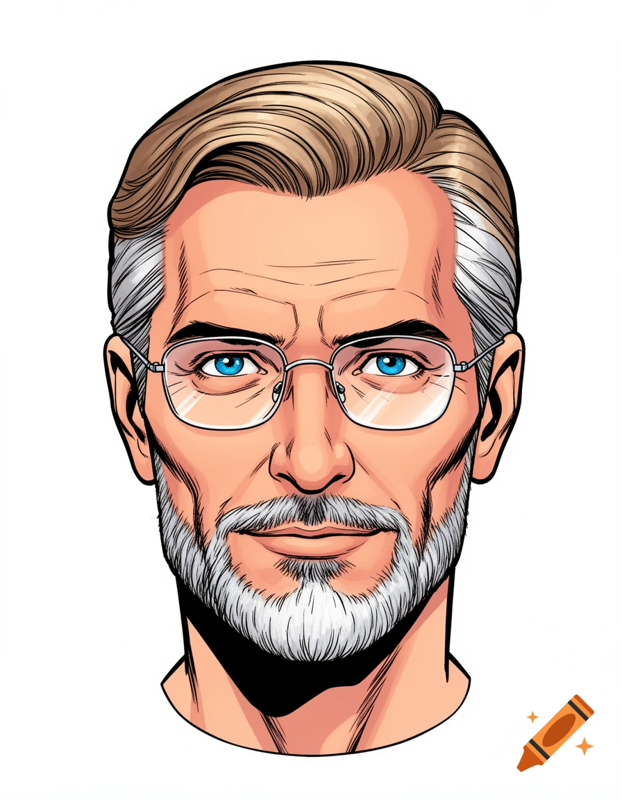 Comic book style illustration of a middle-aged man with blue eyes, glasses, light brown and gray hair, and a short gray beard.