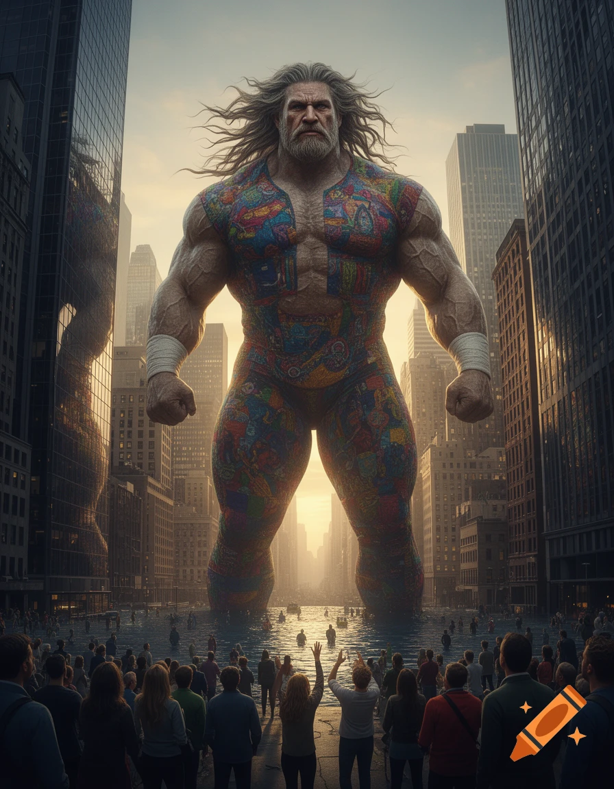 A gigantic, muscular wrestler with long grey hair and a colorful, patterned suit stands in a flooded city, towering over a crowd.