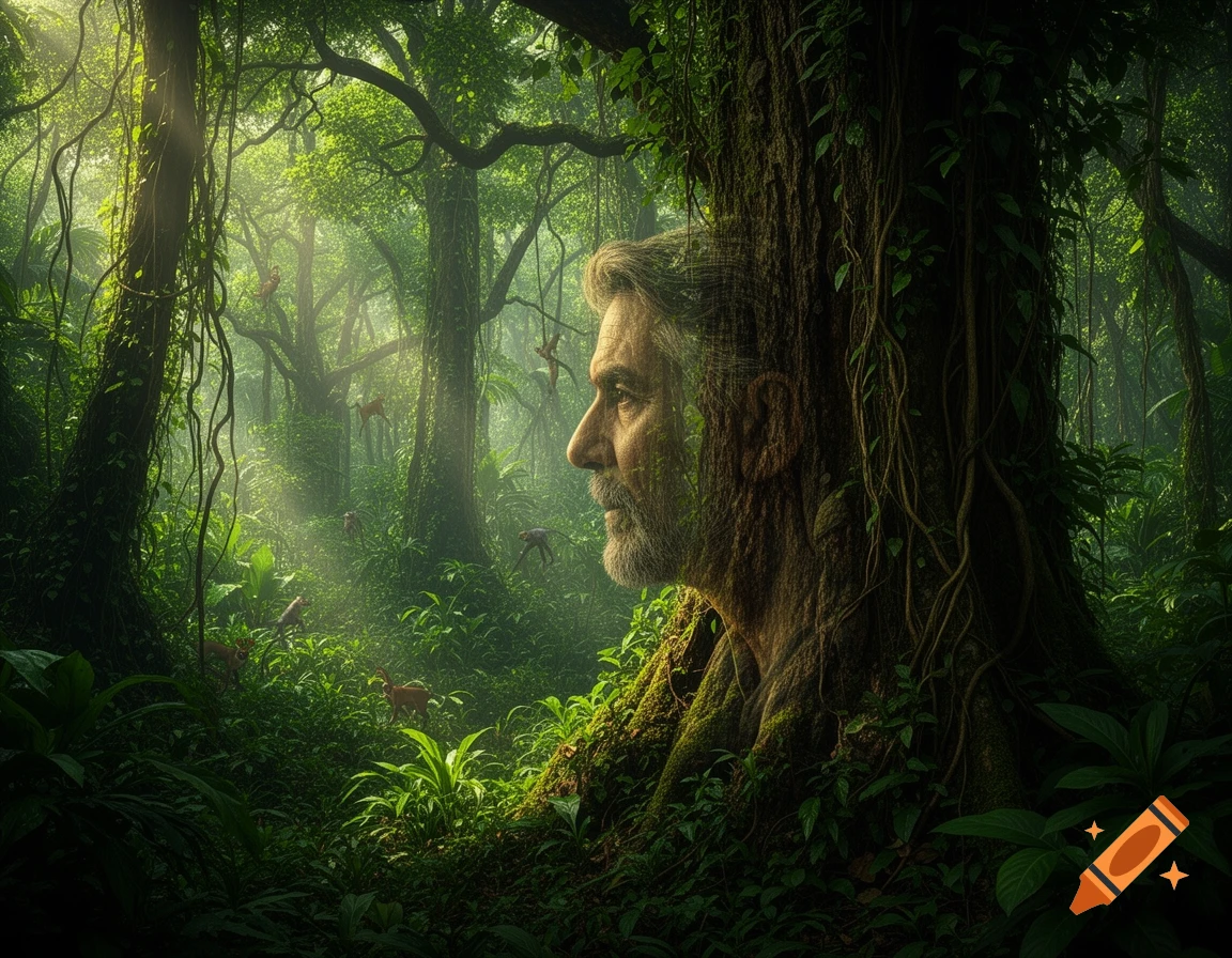 Photorealistic image of a man's profile subtly integrated into a mossy tree trunk in a lush, sunlit jungle.