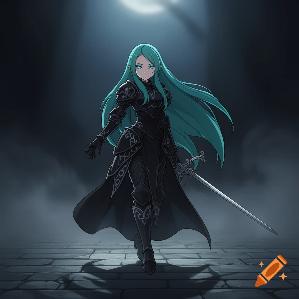 Anime-style warrior woman with long teal hair and glowing blue eyes, wearing black armor and holding a sword, in a dark, moonlit setting.