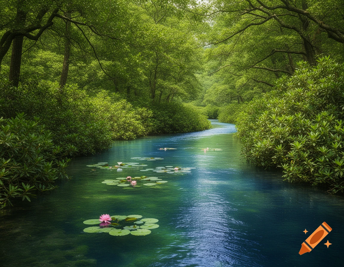 Photorealistic image of a blue-green river winding through a dense, lush green forest with pink water lilies on calm water.