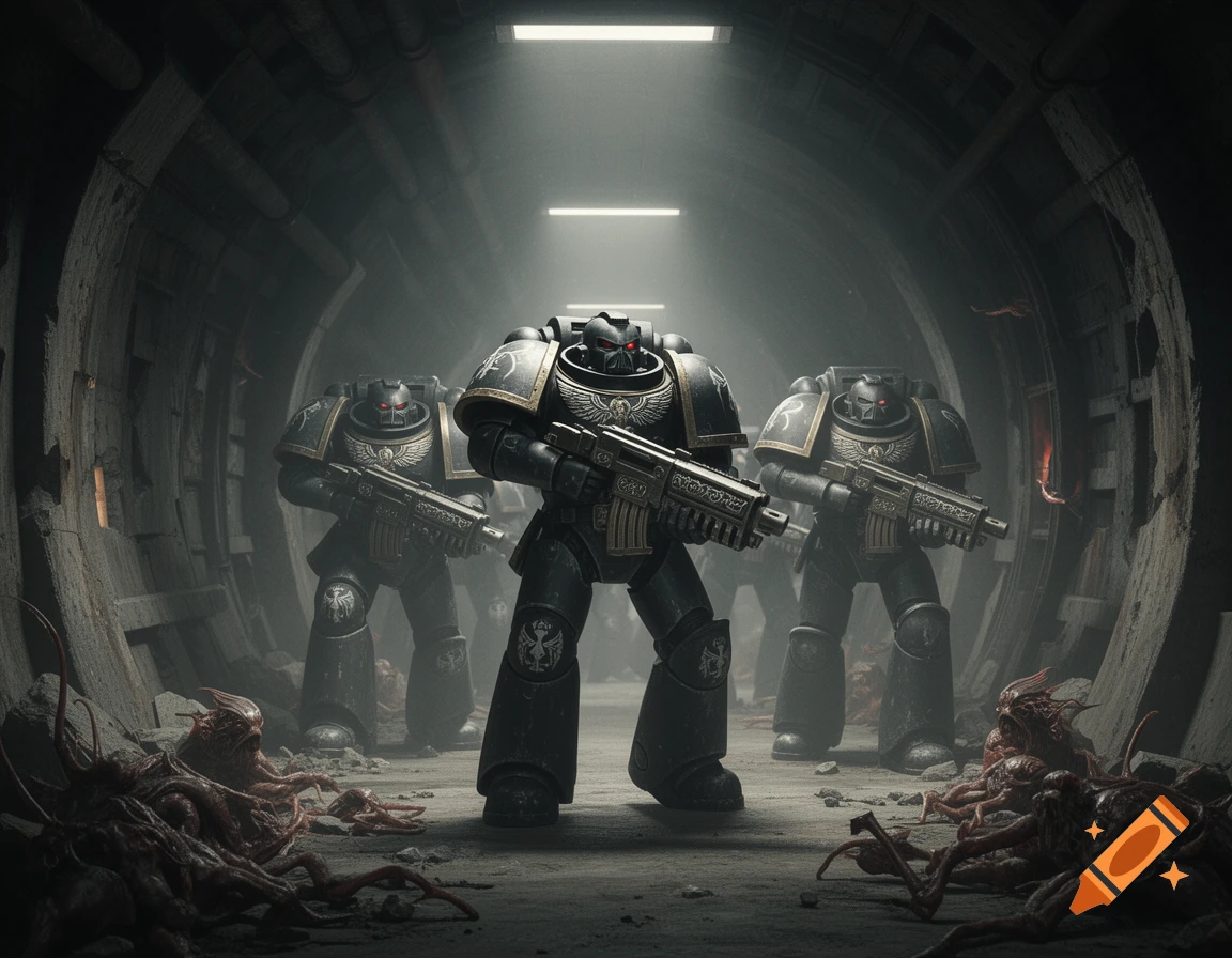 Three dark armored space marines stand in a smoky, dark tunnel filled with grotesque tentacled creatures.