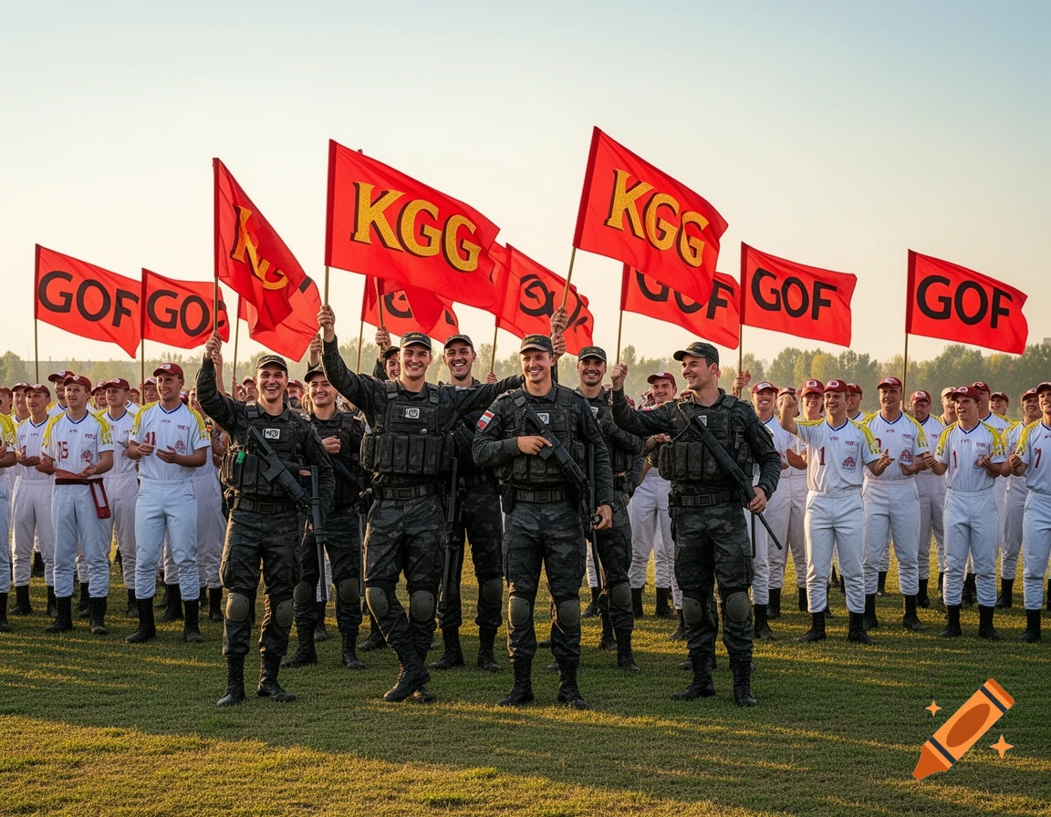 A group of smiling soldiers in camouflage and white uniforms holding red flags with 'KGG' and 'GOF' on a grassy field.