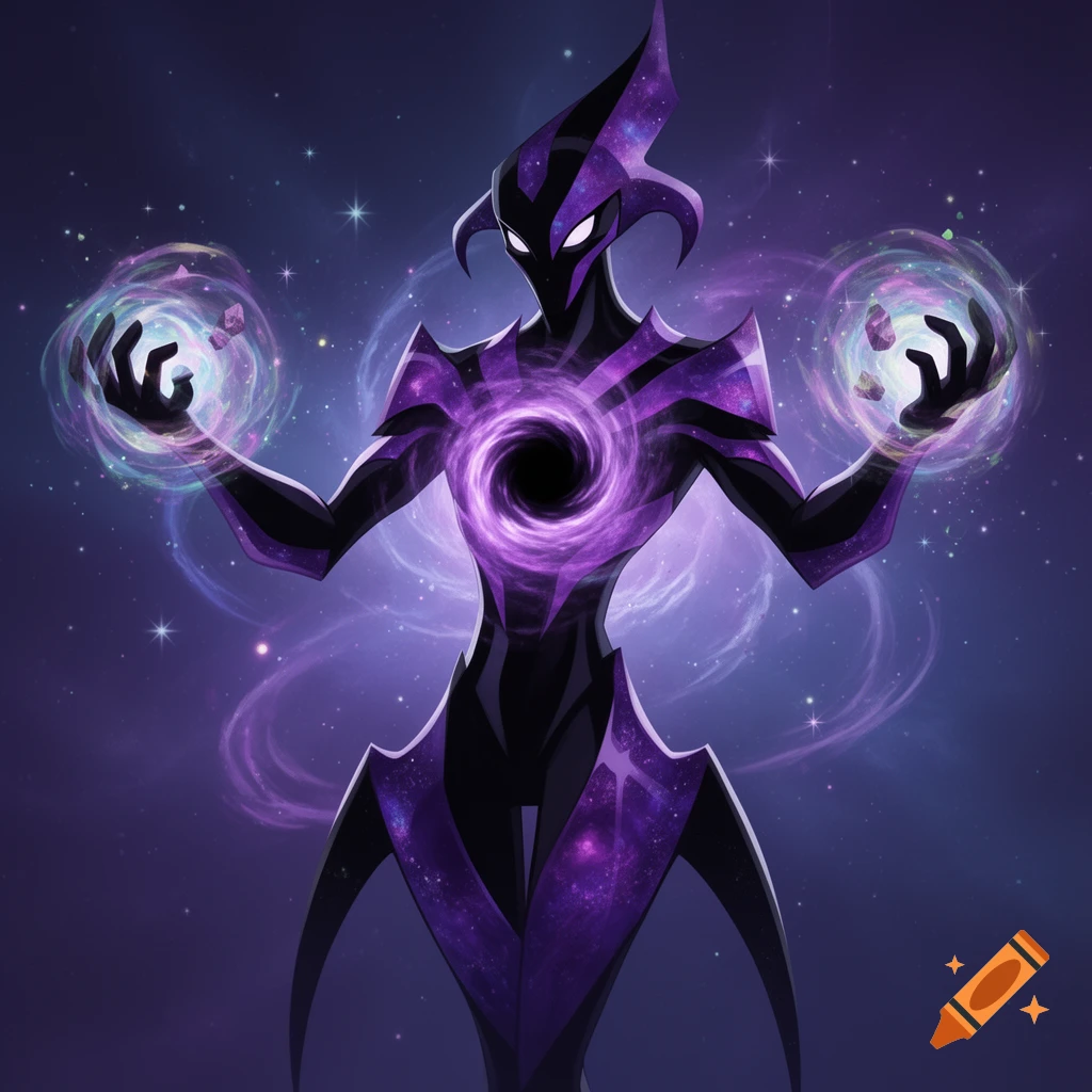 A stylized black and purple alien with a black hole in its chest, holding glowing energy spheres against a cosmic background.