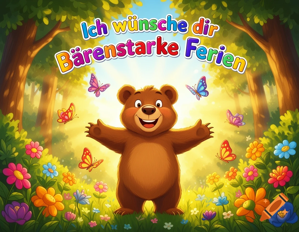 A happy cartoon bear in a vibrant forest with colorful flowers and butterflies, with German text "Ich wünsche dir Bärenstarke Ferien".