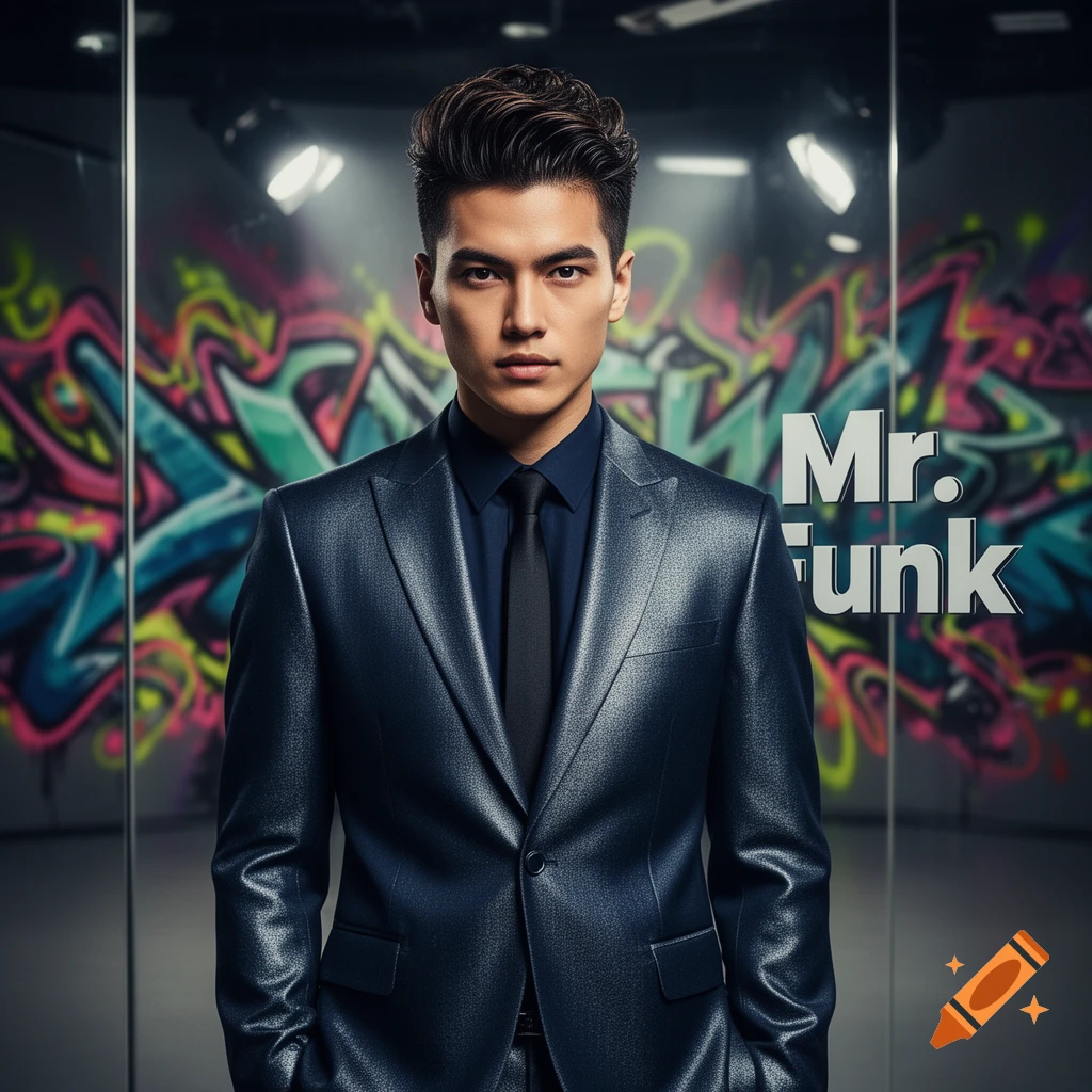 A photorealistic portrait of a young man in a shiny blue suit and black tie, standing before a wall covered in colorful graffiti that says "Mr. Funk".
