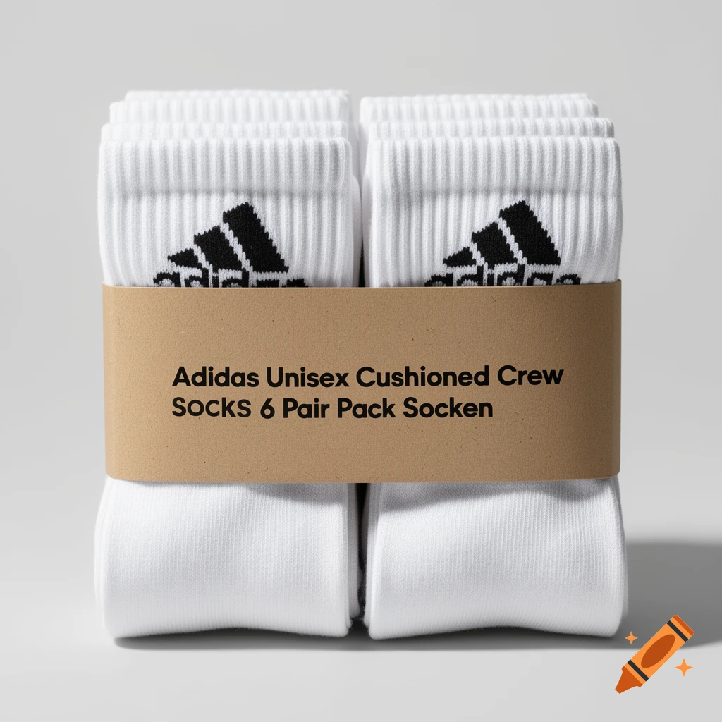 White Adidas Unisex Cushioned Crew Socks 6-pair pack with a brown label.