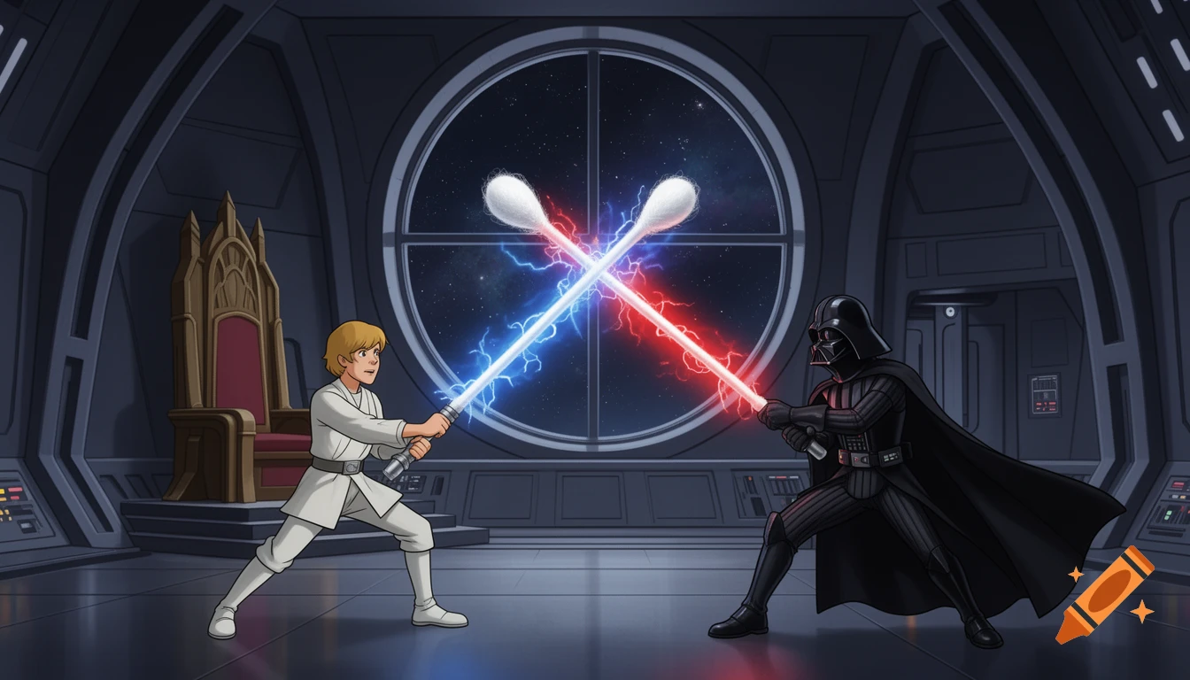 Cartoon Luke Skywalker and Darth Vader duel with giant glowing Q-tips in the Death Star throne room.