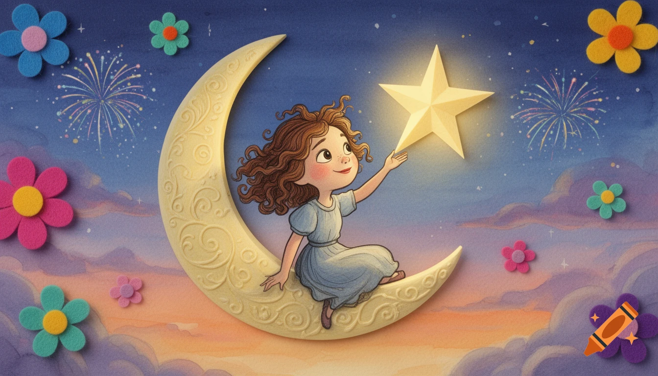 Whimsical girl on a crescent moon reaching for a glowing star in a twilight sky with felt flowers and fireworks, mixed media illustration.
