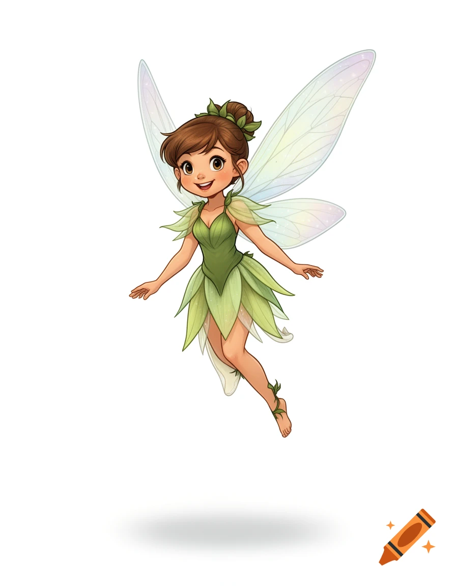 A friendly brown-haired fairy in a green leaf dress and large wings floats on a white background. 2D comic-style illustration.