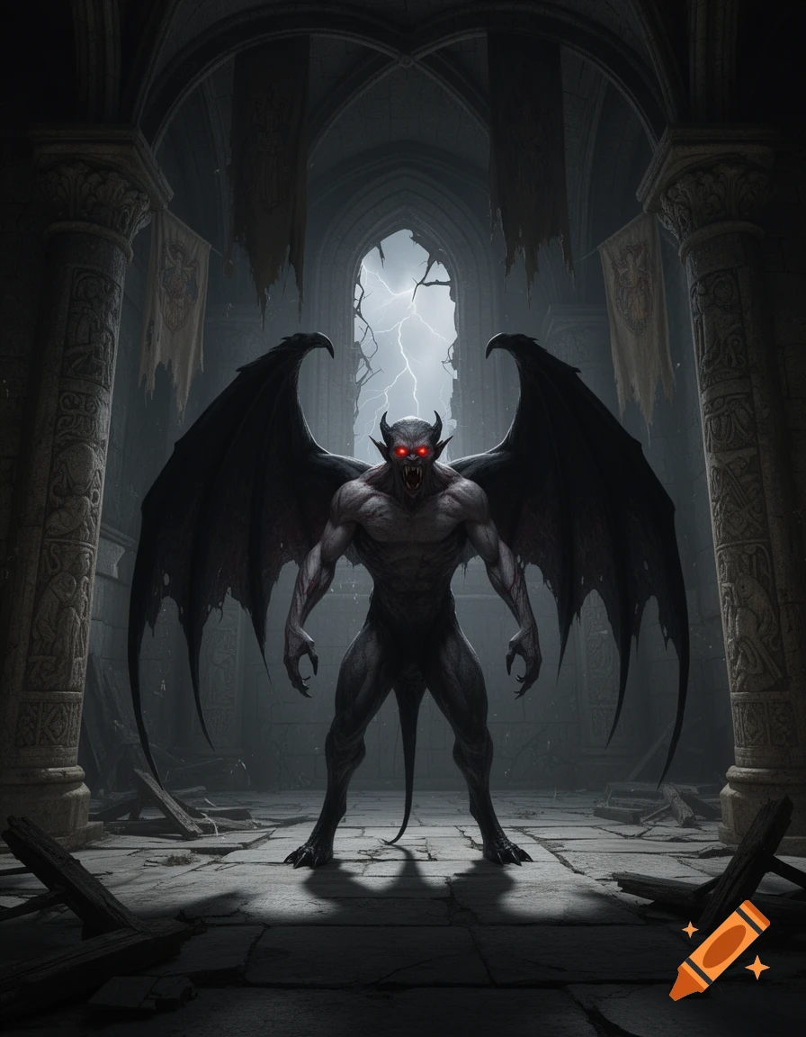 A dark, muscular, horned demon with large wings and glowing red eyes stands in a ruined gothic hall with lightning striking outside.