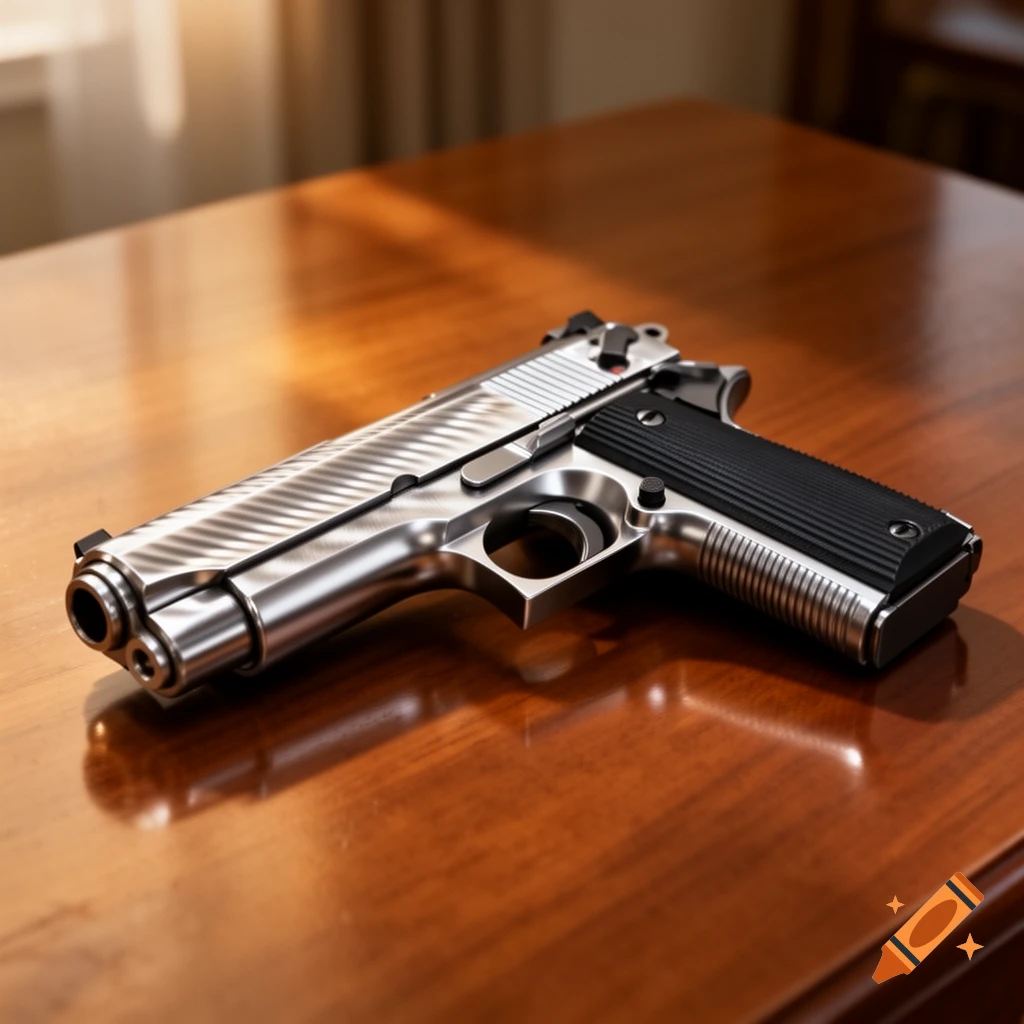 A hyperrealistic, detailed silver pistol with a black grip lies on a polished wooden table.