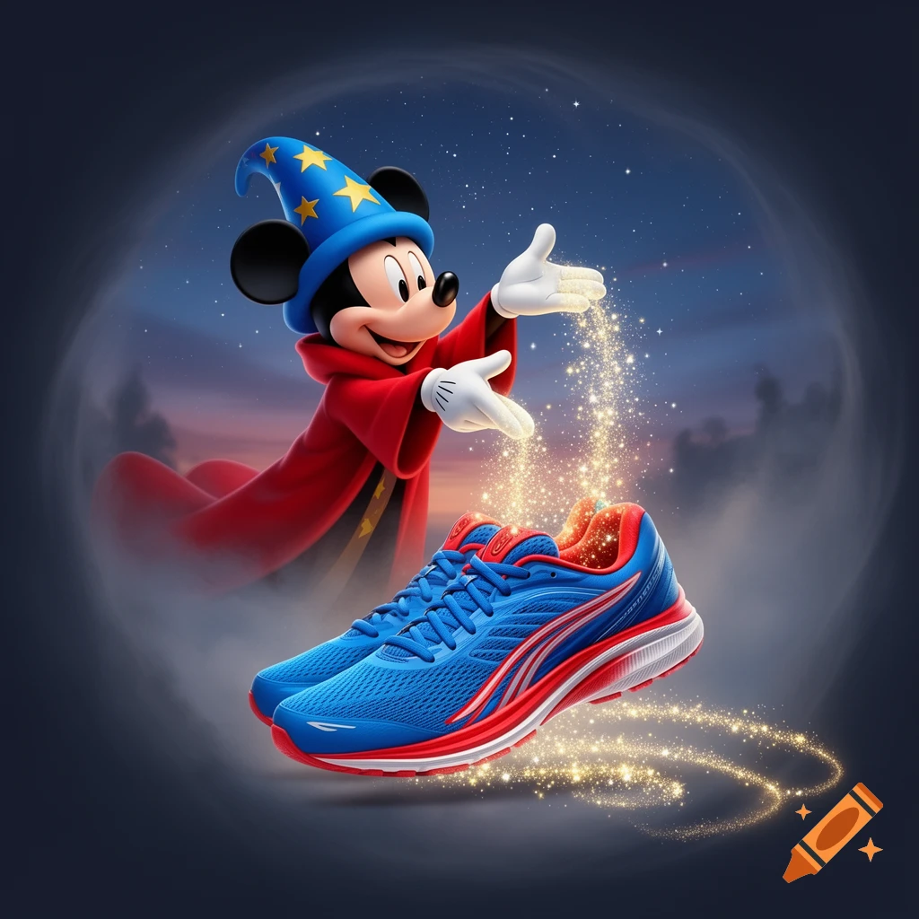 Sorcerer Mickey Mouse sprinkles golden pixie dust over a pair of blue and red running shoes.