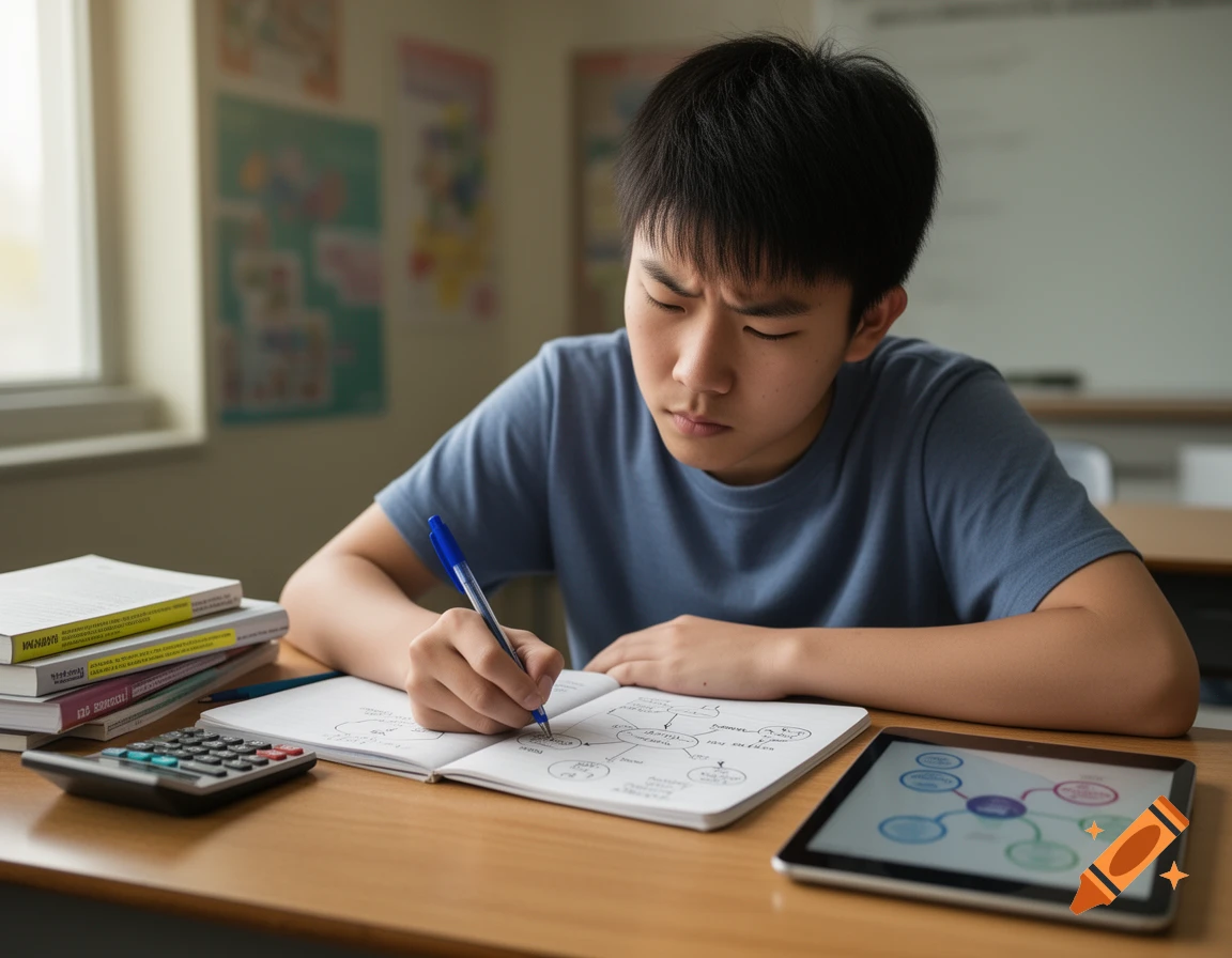 A male student with a furrowed brow writes in a notebook, with books, a calculator, and a tablet on his desk in a classroom.