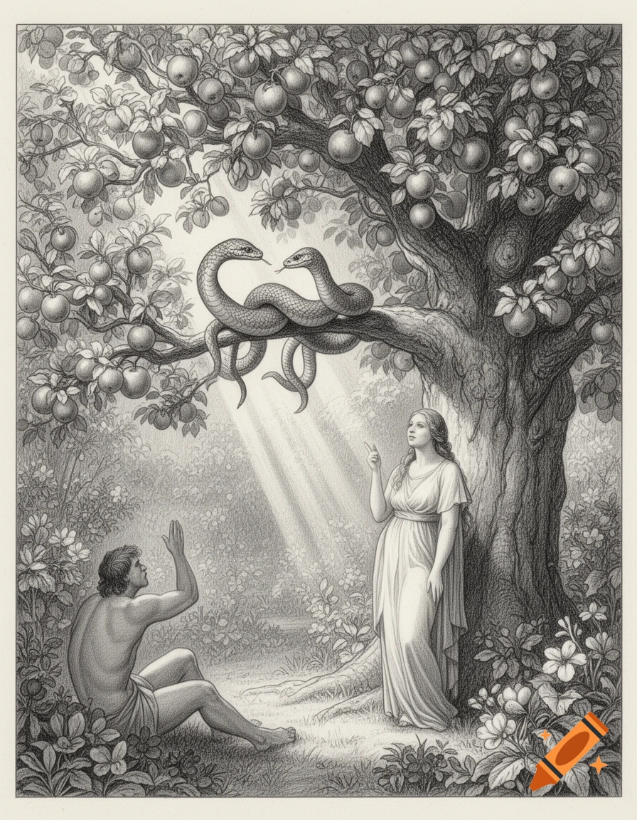 A detailed pencil drawing of Adam and Eve in the Garden of Eden. Adam sits on the ground looking up, while Eve stands by the Tree of Knowledge, speaking to two entwined snakes on a branch.