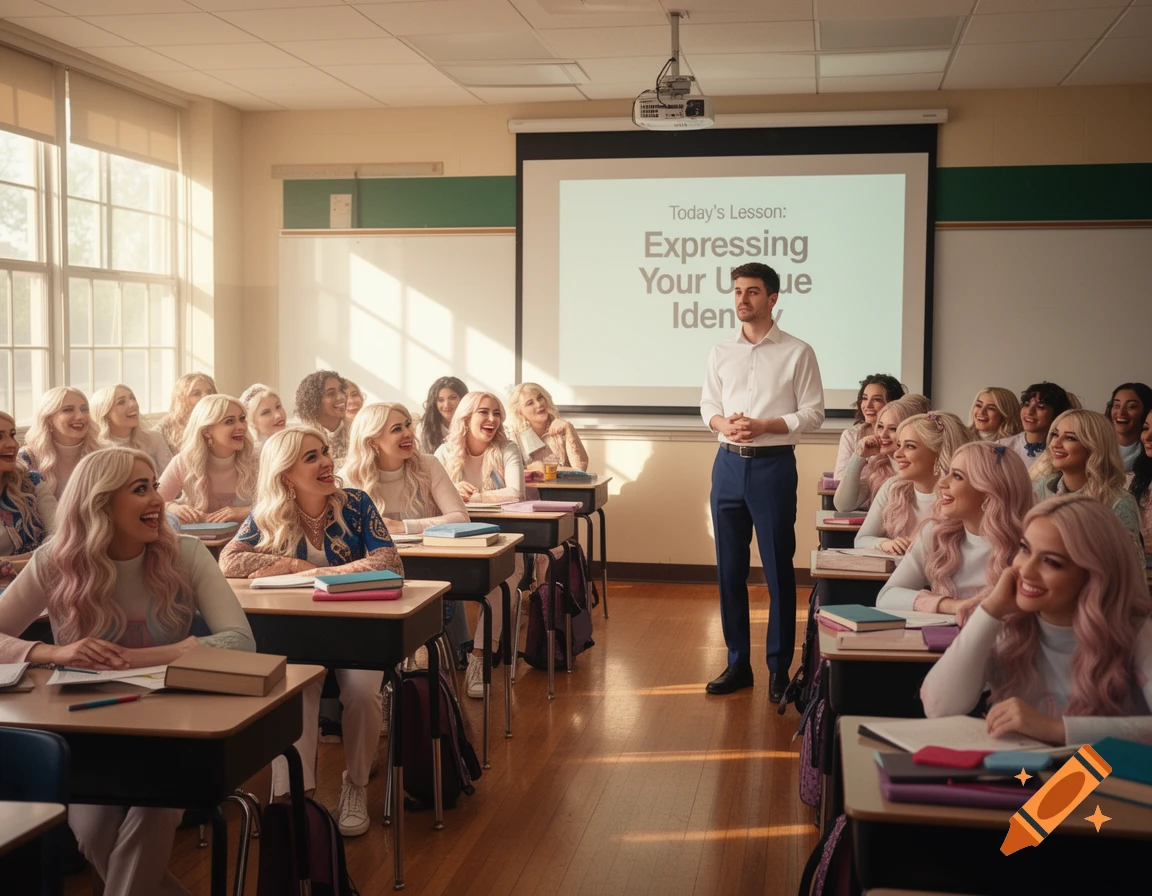 A male teacher standing in a classroom full of blonde female students, with a projector screen displaying "Today's Lesson: Expressing Your Unique Identity".