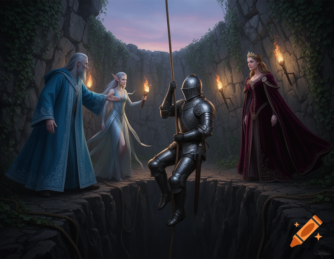 A wizard and an elf help a knight climb out of a pit while a princess watches.